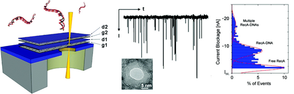 Fig. Schematic of a stacked nanopore channel showing multiple embedded graphene layers. Standard pulses of current as DNA passes through the nanopore. Two distinct levels in current blockade histograms indicate single molecule level differentiation