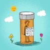 Man in a pill bottle as a sun smiles sadly